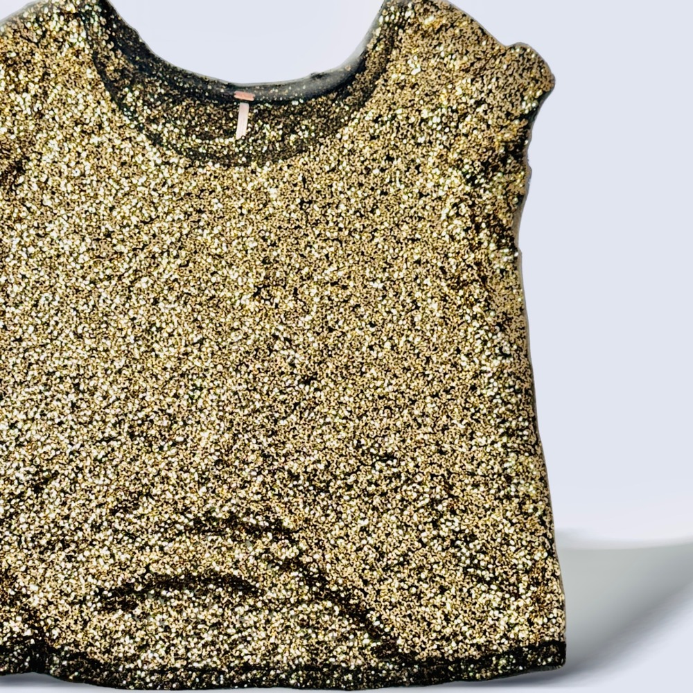Free People XS Gold Sequin Lace Trim Cap Sleeve Top Blouse Party‎ Sparkle